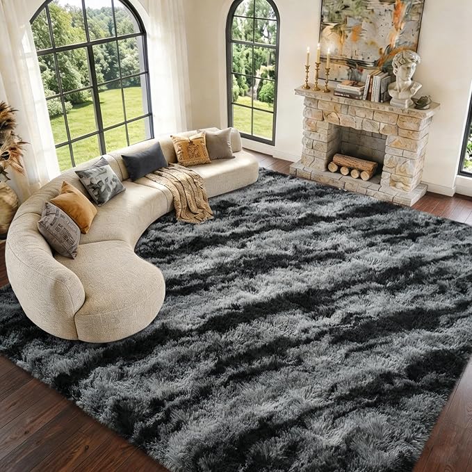 Extra Large 8x10 Area Rugs for Living Room Decor, Non-Slip Shaggy Tie-Dyed Rugs for Bedroom Kids Playroom Dorm Room, High Pile Ultra Soft Carpet, Black