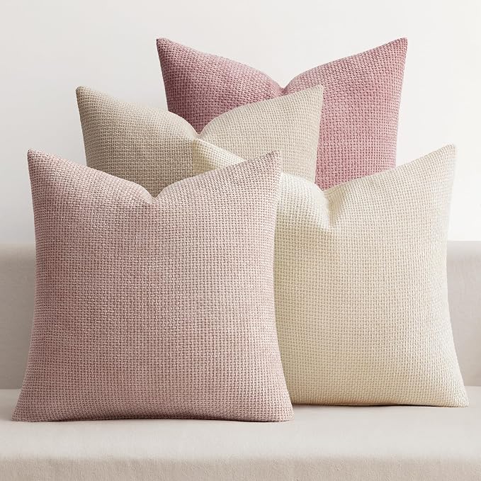 MIULEE Pack of 4 Valentines Couch Throw Pillow Covers 16x16 Inch Neutral Pink Cute Decorative Chenille Pillows Farmhouse Boho Accent Cushion Covers for Coquette Room Spring Decor Sofa Bed Living Room