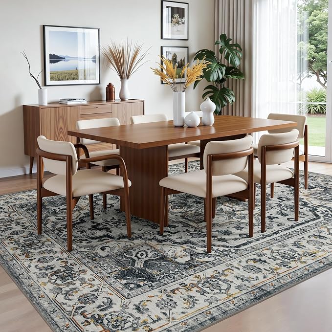 Joydeco 5x7 Area Rugs for Living Room, Non Slip Machine Washable Vintage Rug, Low Pile Thin Chenille Print Rugs for Bedroom, Dining Room, Pet & Child Friendly, Home Office, White&Light Gray&Dark Gray