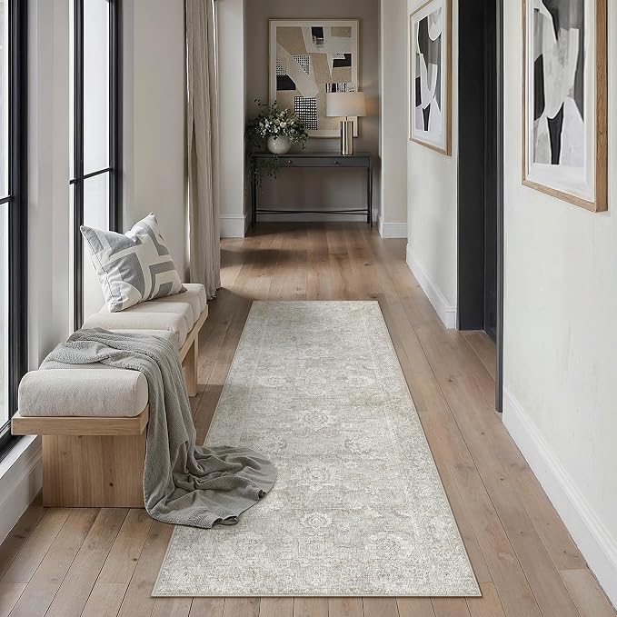 2x6 Grey Washable Runner Rug for Kitchen Hallway Neutral Floral Soft Non Slip Rug Low Pile Distressed Carpet for Bathroom Bedroom Indoor Nursery