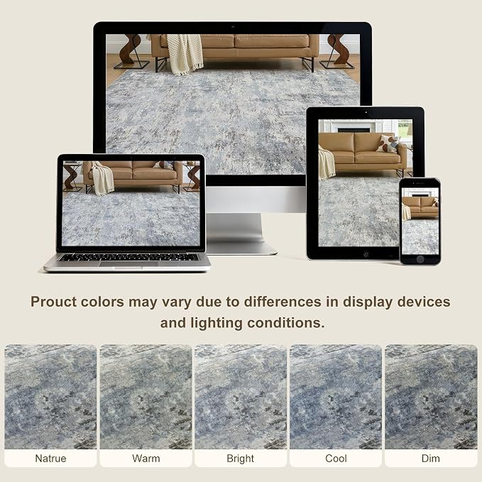 9x12 Area Rugs for Living Room, Washable Non Slip Bedroom Carpet | Neutral Modern Abstract Large Area Rug, Soft Low Pile Lightweight Made for Dining Room, Nursery, Home Office - Blue Gray