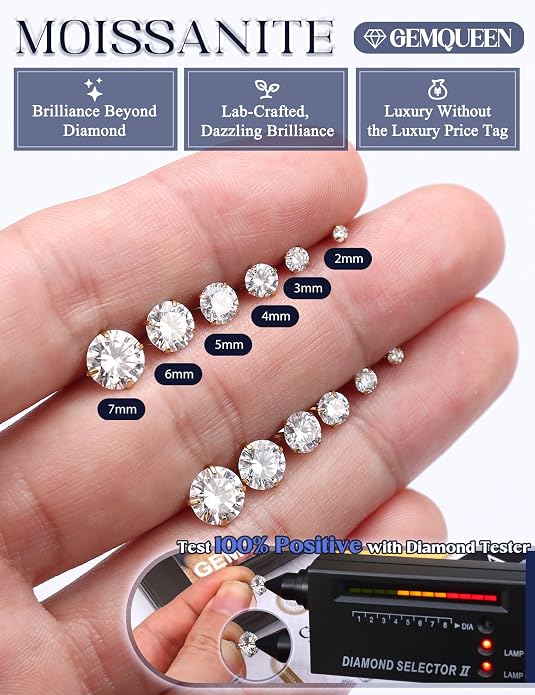 GEMQUEEN 6 Pairs 2-7mm Moissanite Earrings Studs 14K Gold Plated Stainless Steel Flat Back Earring for Women Men - Hypoallergenic Cartilage Helix Piercing Jewelry Brilliant Round Cut D Color VVS1 5.97CT