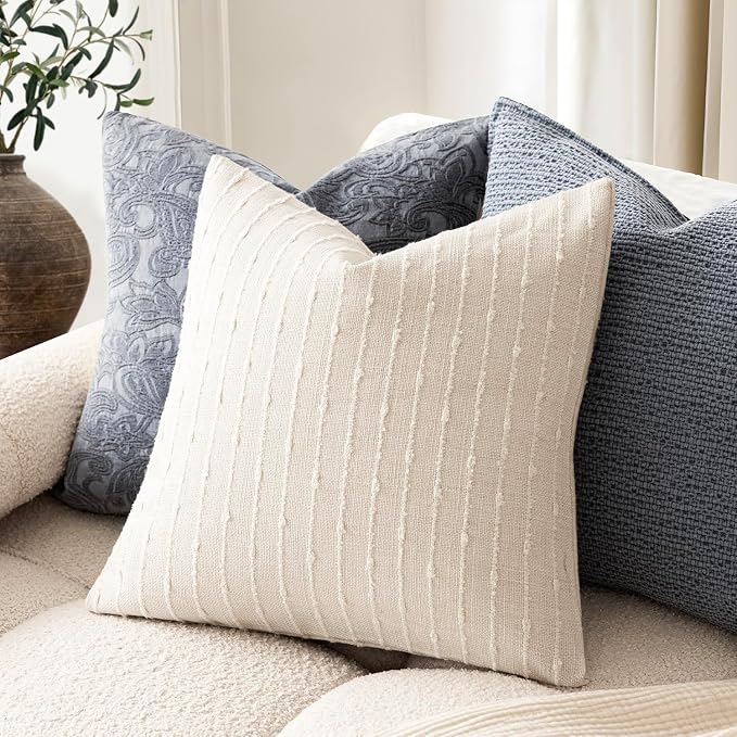 Foindtower Pack of 2 Decorative Jacquard Boucle Throw Pillow Covers Accent Textured Striped Pillowcases Soft Boho Modern Cushion for Couch Sofa Bedroom Living Room Home Decor 22x22 Inch Cream White