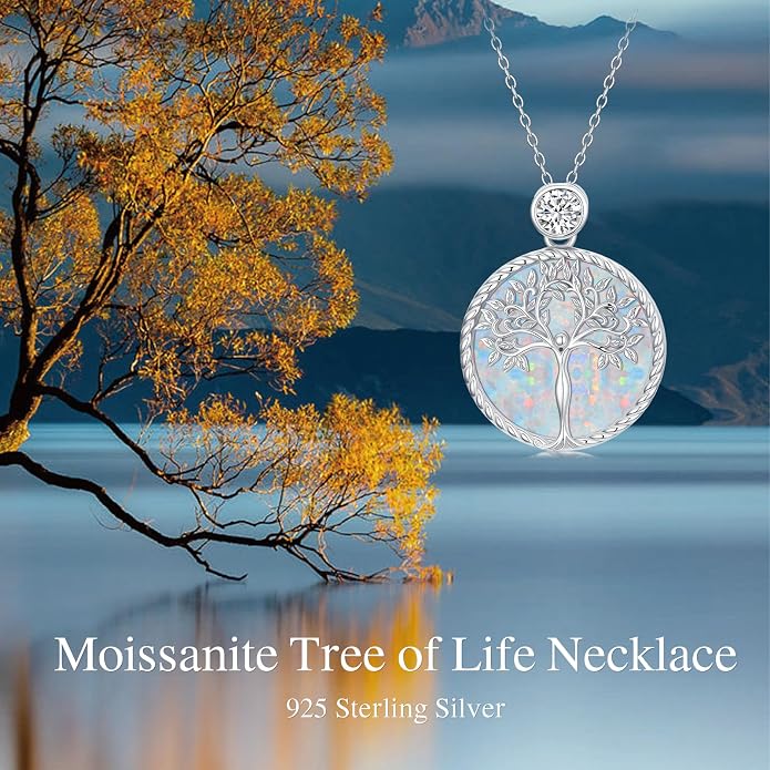 Tree of Life Moissanite Necklace, 925 Sterling Silver 0.5 Carat Moissanite Abalone Shell/Opal/Black Onyx/Turquoise/Malachite/Tiger Eye Stone Tree of Life Pendant Necklaces Jewelry Gift for Women Mom