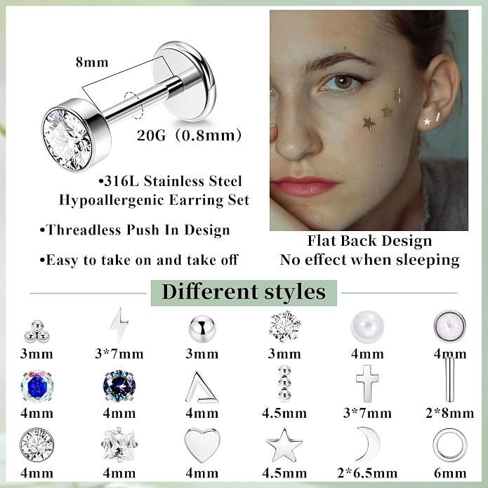 NICEIGHT 18Pairs 20G 316L Stainless Steel Threadless Push in Stud Earrings for Women Men Flat Back Cartilage Stud Earring Helix Tragus Stud CZ Heart Moon Star Ear Stud Piercing Jewelry