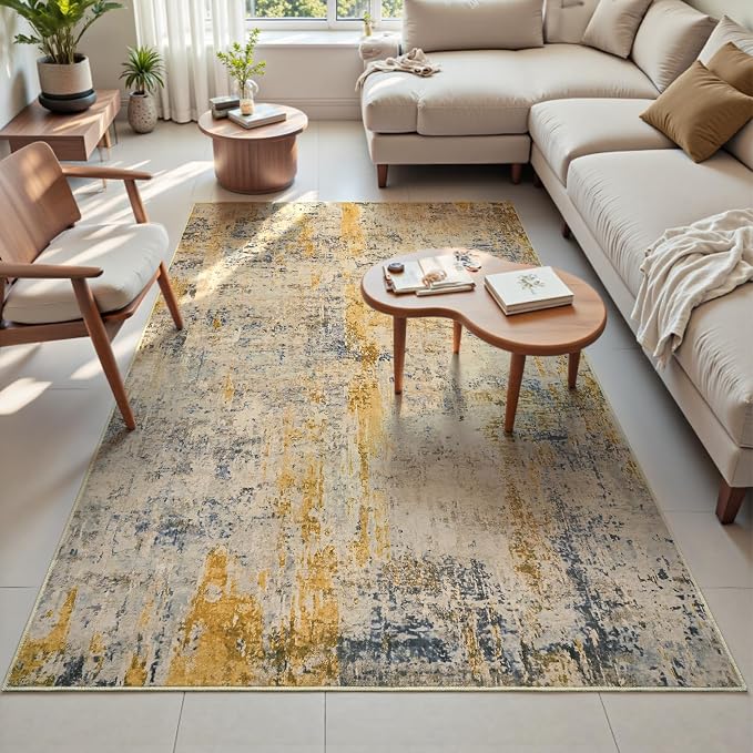 Area Rug 4x6 Beige Rug Washable Boho Rugs Non Slip Low Pile Abstract Small Carpet for Entryway, Bedroom, Kitchen, Classroom, Kids Room, Office, Dorm, Dining Room Light Tan