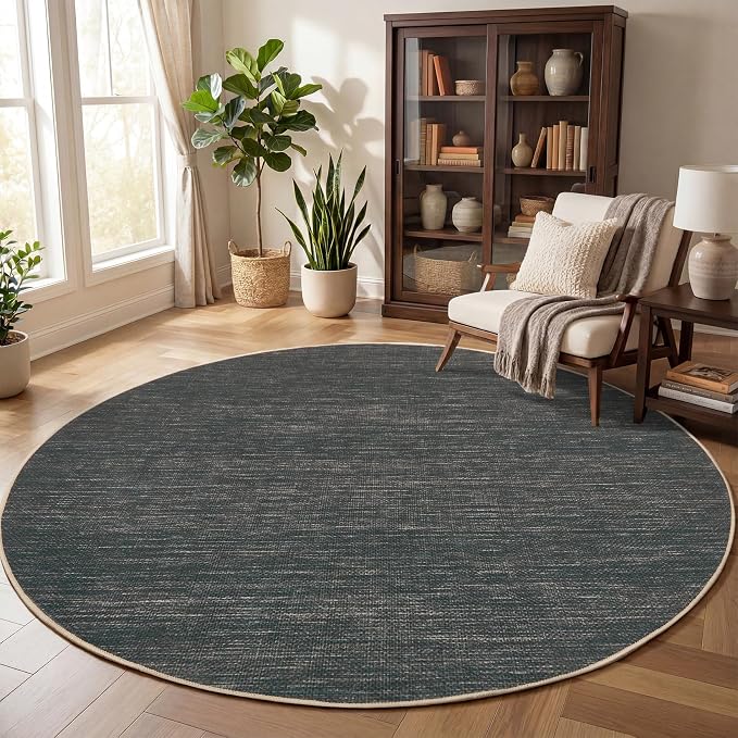 GarveeHome Washable 4ft Easy Jute Round Rug for Living Room Bedroom | Modern Solid Non Slip Circle Rugs Low Pile Indoor Round Area Rugs for Kitchen Nursery Entryway Dorm, Grey