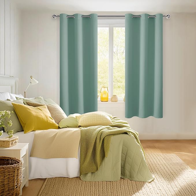 Hiasan Blackout Curtains for Bedroom, 42 x 63 Inches Length - Thermal Insulated & Noise reducing Window Curtains for Living Room, 2 Drape Panels Sewn with Tiebacks, Sage Green