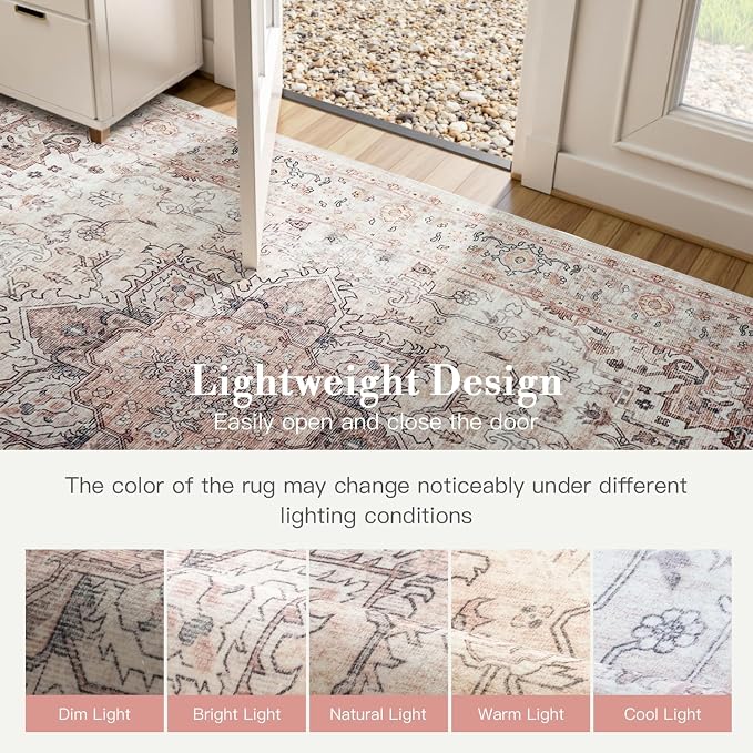 8x10 Dusty Pink Large Area Rugs for Living Room - Boho Light Pink Medallion Aesthetic Distressed Washable Rug, Soft Non-Slip Backing Low Pile Carpet for Playroom, Bedroom, Nursery