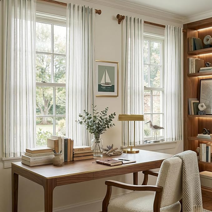 Vangao Striped Curtains Green on White Semi Sheer Curtains 63 Inches Long for Bedroom Living Room Modern Farmhouse Linen Textured Light Filtering Drapes 2 Panels Olive Green W50 x L63 Inch