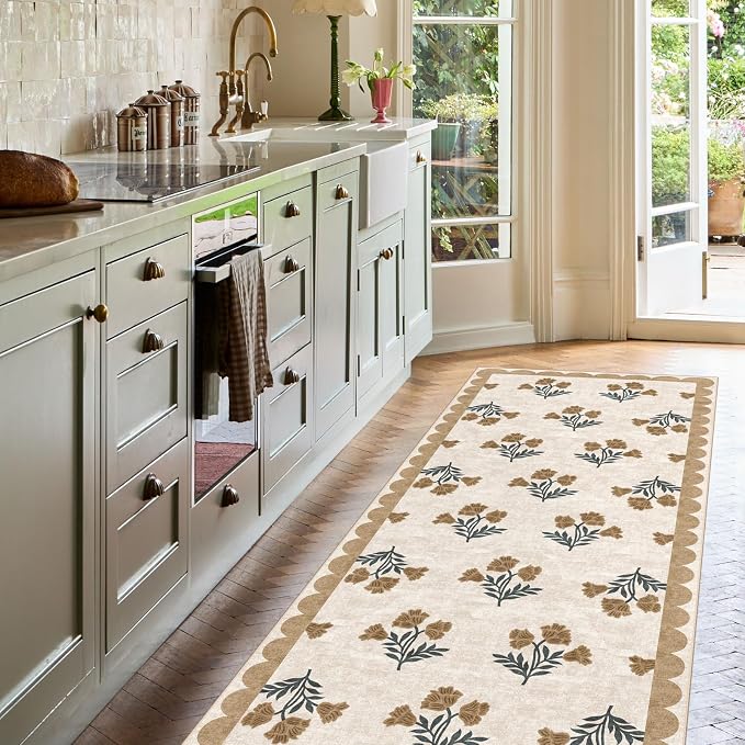 Non Slip Washable Hallway Runner Rug - 2.5x10 Long Beige Kitchen Runner Rug Soft Boho Runners for Hallways Cottage Floral Scalloped Area Rug for Bedroom Entryway Foyer Bathroom Double Vanity