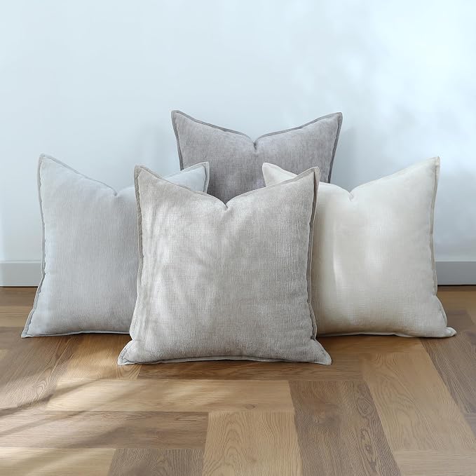 Stellhome Set of 4 Neutral Decorative Throw Pillow Covers Accent Solid Soft Textured Chenille Cushion Cover Rustic Farmhouse Pillow Case for Couch Sofa Bedroom Living Room (20x20 inch, Neutral)