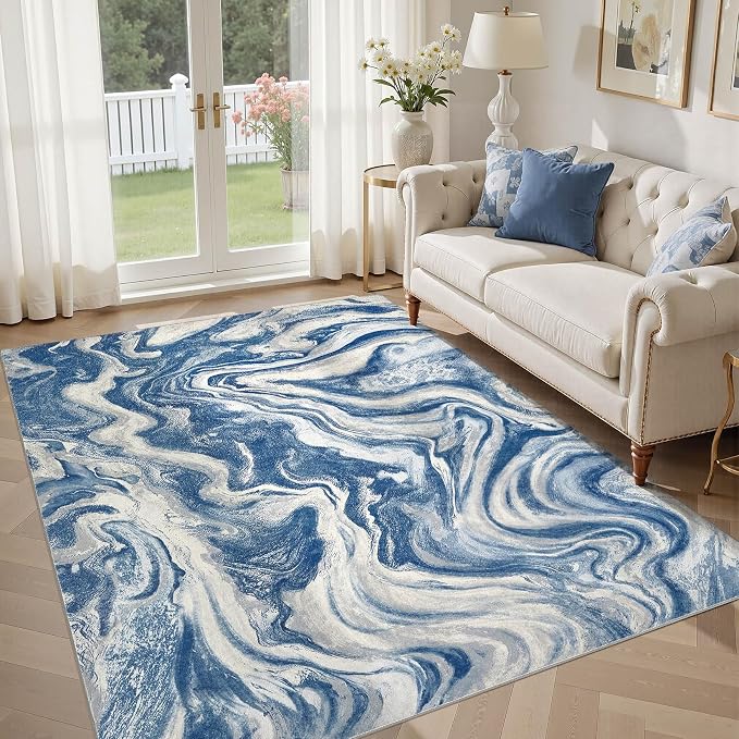 DMOYEST Living Room Area Rugs-6x9 Abstract Large Soft Indoor Washable Rug Neutral Modern Low Pile Carpet for Bedroom Dining Room Farmhouse Home Office-Navy Blue
