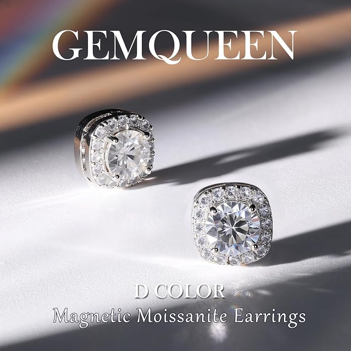 GEMQUEEN Moissanite Magnetic Earrings for Men : 18K White Gold Plated Hypoallergenic Stainless Steel Non Piercing Clip on Fake Earrings Studs Halo Round Square Diamonique Earring Women D Color VVS1