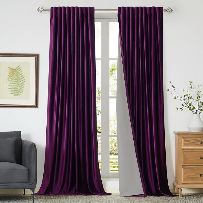 PRIMROSE 100% Full Blackout Purple Velvet Curtains 84 inch Long for Living Room,Set of 2 Liner Rod Pocket Back Tab Thermal Window Curtains Room Darkening Heavy Decorative Curtains Drapes for Bedroom
