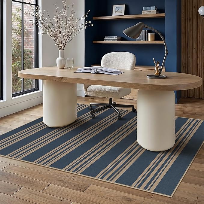 PureCozy Outdoor Rug 3x5 Washable Striped Jute Look Non Slip Carpet | Blue Stripe Farmhouse Design, Indoor Outdoor Rug for Entryway Kitchen Bathroom Bedroom, Non Shedding, Neutral Decor