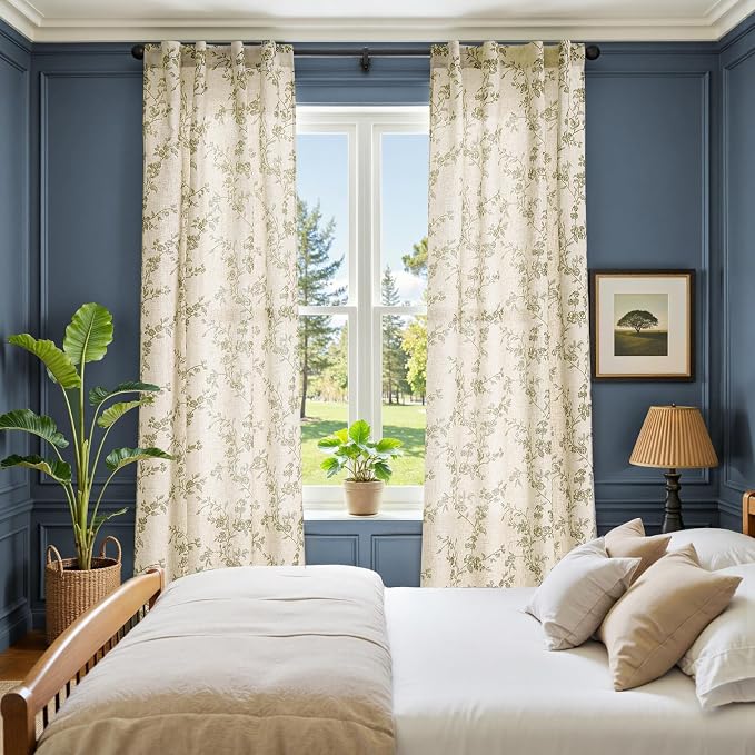 jinchan Green Floral Linen Curtains 96 Inch Flower Drapes Back Tab 2 Panels | Green on beige, light filtering, semi sheer, farmhouse, rustic, country, bedroom, living room, dining room, window treatment