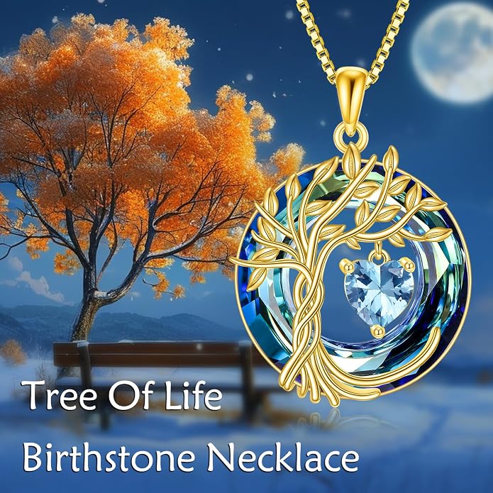 POPLYKE Mothers Day Gifts for Mom Her Wife Tree of Life Necklace 925 Sterling Silver Birthstone Pendant with Crystal Anniversary Birthday Wedding Jewelry for Women
