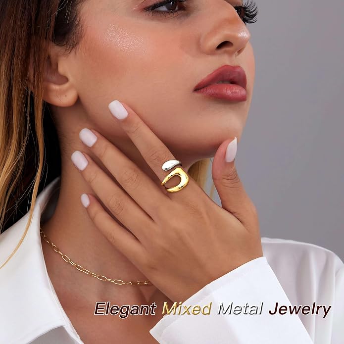 Non Tarnish Gold Chunky Rings for Women, 14K Gold Plated Statement Dome Rings Stacking Silver, Adjustable Mens Eternity Wedding Band Mixed Metal Jewelry Size 3-13