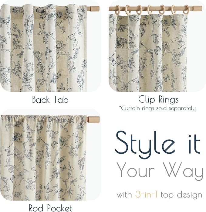 Lazzzy Charlotte Linen Farmhouse Curtains Blue Floral Curtains 63 Inch Length Back Tab Drapes for Living Room Bedroom Light Filtering Country Vintage Rod Pocket Curtain, 2 Panels, Blue on Beige