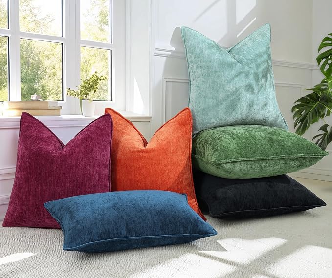 decorUhome Chenille Rhododendron Throw Pillow Covers 24x24 Set of 2 | Fall Soft Euro Sham Couch Decorative Modern Velvet Pillow Cases with Elegant Design for Sofa Bed Living Room Home Decor