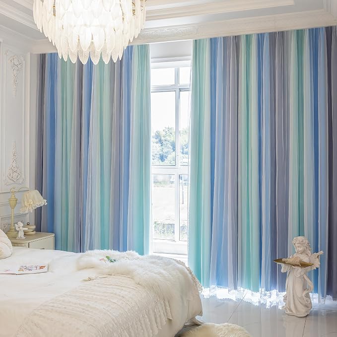 XiDi 100% Blackout Curtains for Girls Bedroom Living Room 96 Inch Length 2 Panels Kids Rainbow Blue Green Grey Mix & Match Double Layer Curtains with Sheer Overlay Grommet Window Drapes 52W x 96L