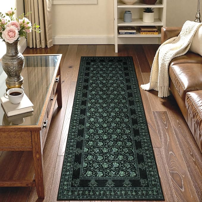 Lahome Black Kitchen Runner 2.5x8, Machine Washable Runners for Hallways, Vintage Floral Carpet Runners for Bedroom Laundry Room High Traffic (2'6"x8', Black/Green)
