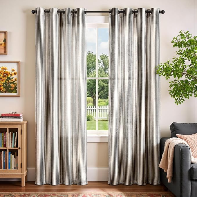 Vangao Linen Stripe Black Curtains Tickingstripe Light Filtering Window Curtains Pinstripe Printed on Beige Drapes 84 Inches Long for Living Room Bedroom Dorm 2 Panels