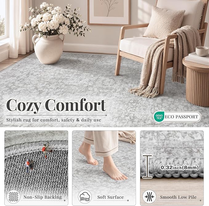 5x7 Area Rugs for Living Room: Boho Vintage Washable Rug Non-Slip Soft Stain Repellent Area Rugs Indoor Low-Pile Carpet for Bedroom Nursery Office Dining Room Playroom Farmhouse (Grey, 5'x7')