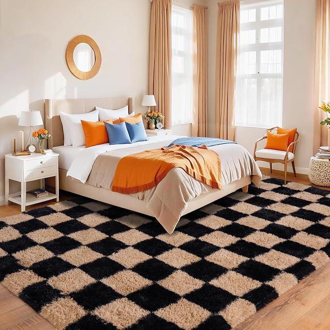 Pionblank 9x12 Area Rug, Large Fluffy Checkered Rugs for Living Room, Shag Rug for Bedroom, Soft Non Slip Shag Carpet for Kids Room Nursery Home Decor, Black and Beige