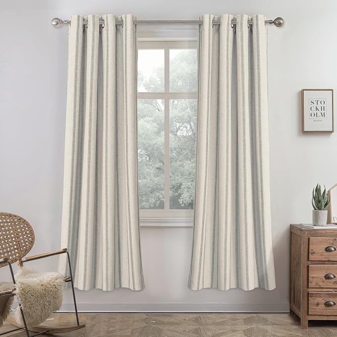 DriftAway Farmhouse Linen Stripe Blackout Curtains, W52xL72, Gray | Blackout, Linen Texture, Stripe Pattern, Rod Pocket & Back Tab, Two Layers, Bedroom Living Room Use, Sound Reducing Design