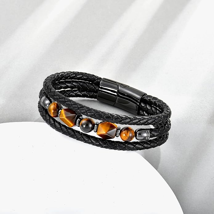 Mens Turquoise/Lapis Lazuli/Tiger Eye/Black Agate/Obsidian Leather Braided Bracelets for Father's Day/Birthdays/Graduation Jewelry Wristband Cuff Bracelet with Stainless Steel Clasp