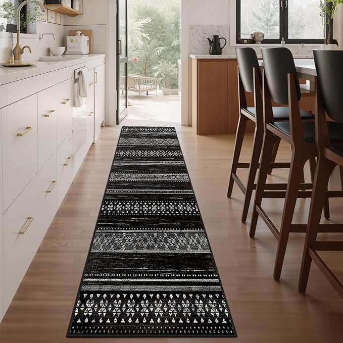 BESTSWEETIE 2x10 Area Rugs for Living Room Washable Moroccan Farmhouse Neutral Geometric Low Pile Non-Slip Soft Print Pattern Rug for Bedroom Kitchen Dining Room Entryway Black/White