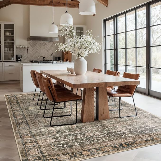 Rugxara Brown 6x9 Area Rugs Washable Rug for Living Room Dining Bedroom | Non Slip, Rug for Office Farmhouse Kids Room, Stain Resistant, Soft, Low Pile, Vintage Boho Floral Retro Carpet, Home Decor