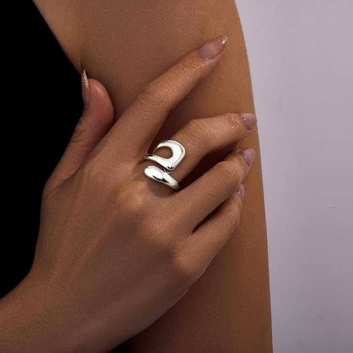 Gelbesty Waterproof Gold Statement Rings for Women, 14K Gold Plated Chunky Open Stackable Rings Non Tarnish Fashion Adjustable Stainless Steel Pinky Knuckle Signet Vintage Ring Jewelry Size 5-11