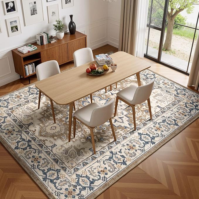 Lessymo 5x7 Area Rug for Living Room - Machine Washable Area Rugs, Super Soft Faux-Wool Area Rugs for Bedroom Kitchen, Boho Area Rug Vintage Floral Non-Slip Low Pile, Brown
