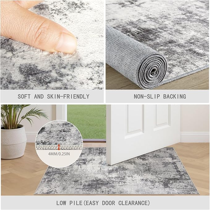 Washable Rug 2x3 Area Rugs for Entryway: Modern Abstract Neutral Soft Indoor Carpet for Front Door Kitchen Bathroom Bedroom Laundryroom - Grey