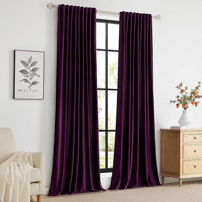 PRIMROSE 100% Full Blackout Purple Velvet Curtains, Set of 2, 52"W x 120"L (Pack of 2), Living Room, Bedroom, Heavy Decorative Drapes with Rod Pocket & Back Tab Hanging Style