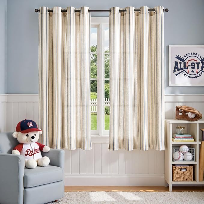 Vangao Linen Stripe Nursery Curtains for Kids Tickingstripe Light Filtering Window Curtains Colorful Pinstripe Printed Drapes 63 Inches Long for Living Room Girls Bedroom Colorful Blue 2 Panels