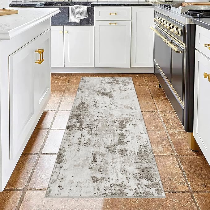 ROYHOME Modern Abstract 2x7 Runner Rug Washable Non Slip Stain Resistant Rug for Hallway Kitchen Bedroom Non Shedding Low Pile Indoor Floor Cover,Taupe/Beige