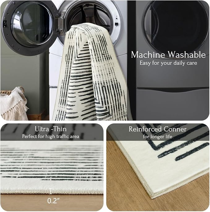 BLISSA 6x9 Area Rugs for Bedroom, Soft Washable Black White Lines Modern Abstract Throw Rug Non-Slip Striped Minimalist Floor Carpet for Living Room Dining Room Office Nursery Classroom Home Decor
