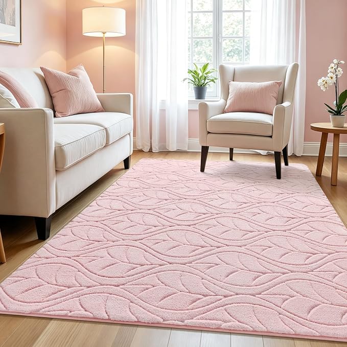 Macgace Soft Area Rug for Girls Bedroom, 4x6 Pink Geometric Shag Rugs | Washable Non-Slip Backing Medium Pile Modren Fuzzy Carpet for Kids Room, Classroom, Living Room, Dorm