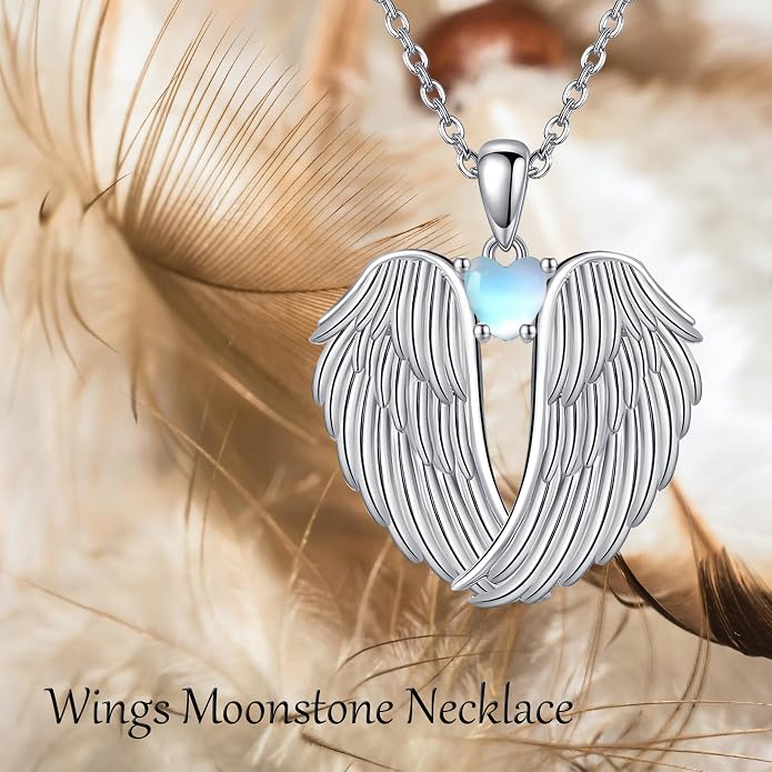 YFN Angel Wings Necklace 925 Sterling Silver Guardian Angel Wings Pendant Necklace Birthstone Necklace for Women Girls Christmas Jewelry Gifts