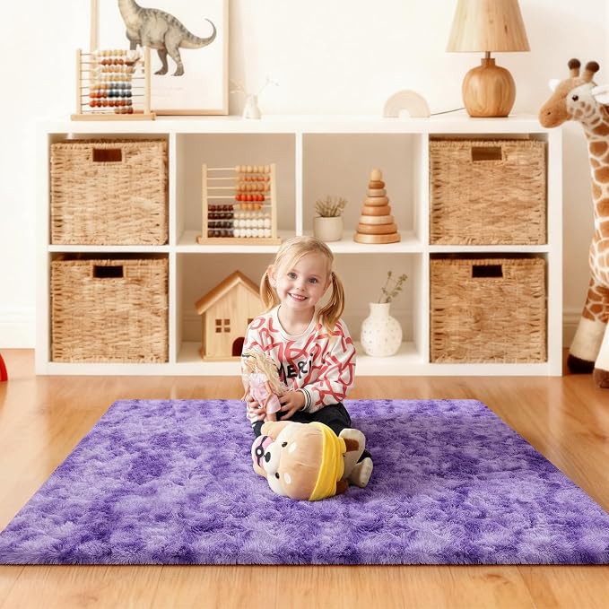 3x5 Rugs for Bedroom, Fluffy Area Rugs for Living Room, Small Fuzzy Shag Soft Non-Slip Carpet for Kids Girls and Boys Nursery Dorm Indoor Room Home Decor (3ft X 5ft, Tie-Dyed Purple)