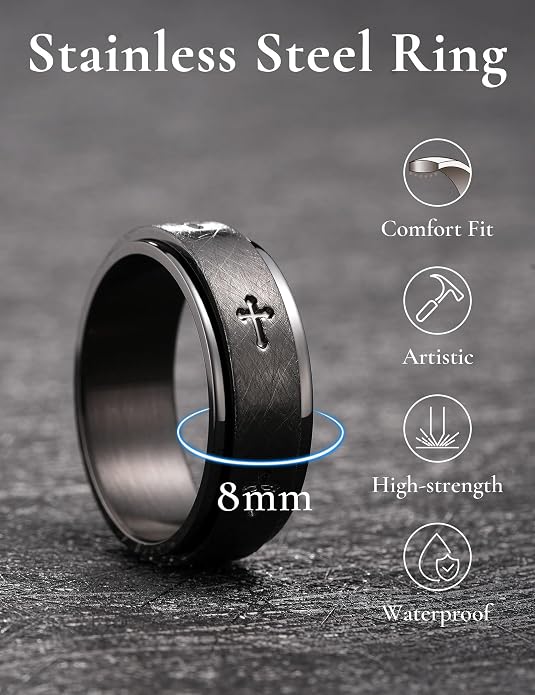 King Will 8mm Black/Gold/Silver Stainless Steel Ring Lord's Prayer Rotatable Ring Men Wedding Band Rings Comfort Fit