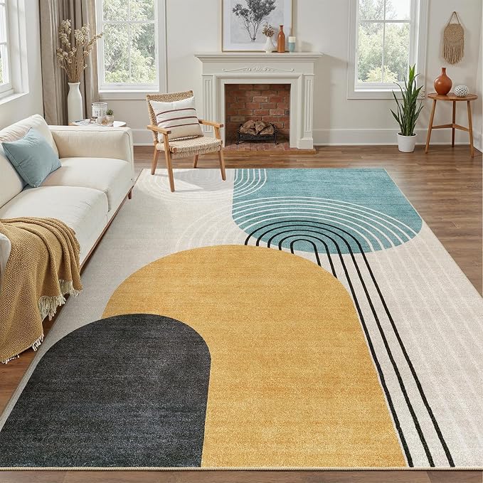 DCX Abstract Machine Washable 7x9 Rug, Mid Century Modern Rug for Living Room, Soft Low Pile Non Slip Carpet, Kid & Pet Friendly Stain Resistant Rug for Bedroom Dining Room Office, Blue & Yellow