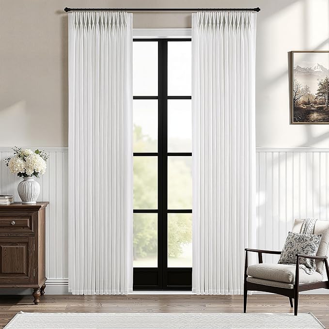 Pleated Linen Curtains 94 Inch Long 2 Panels Set for Living Room Light Filtering Pinch Pleat Curtains with Hooks Boho Farmhouse Custom Semi Sheer Beige White Cream Ivory Window Drapes