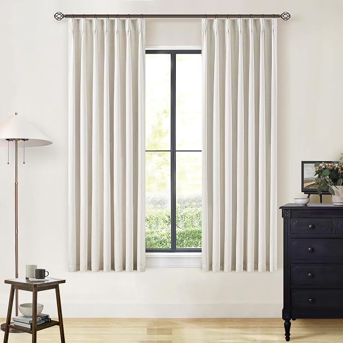 Natural 100% Blackout Pinch Pleated Linen Curtains 63 Inch Long with Liner | Memory Trained, Thermal Insulated, Heat Blocking, Black Out Cream Ivory Curtains for Small Window Bedroom 2 Panels W40xL63