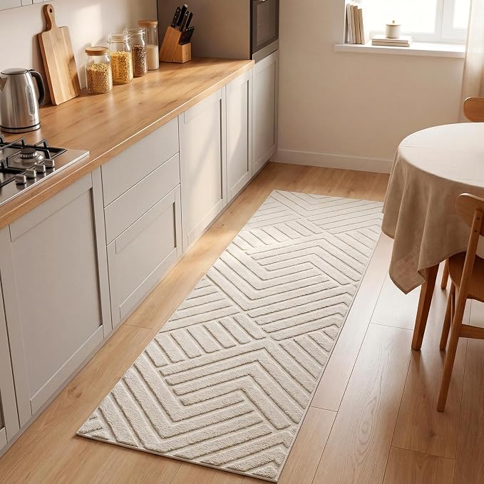 Bsmathom 2x6 Washable Area Rug, Boho Neutral Modern Soft Carpet Mat, Beige | Machine Washable, Low Pile Fluffy Plush, Non-slip, Geometric Textured, For Living Dining Kids Room Bedroom Indoor Dorm