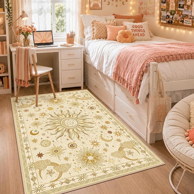 Vacuum-Friendly, 4x6 Washable Area Rug, Beige Camel Brown | Sun and Moon Boho Gothic Non-Slip Low Pile Living Roon Bedroom Dining Room Kitchen Entry Entryway Entrance Hallway Doormat